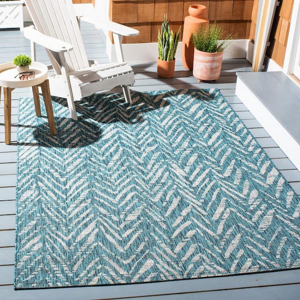 Courtyard Blue/Gray 7 ft. x 10 ft. Distressed Chevron Indoor/Outdoor Patio  Area Rug