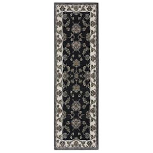 Victoria Navy/Ivory 2 ft. x 8 ft. Vintage Bordered Oriental Polyester Fringed-Edge Indoor Runner Area Rug