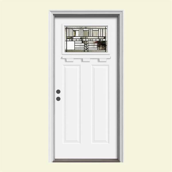 JELD-WEN 36 in. x 80 in. 1 Lite Craftsman Oak Park White Painted Steel Prehung Right-Hand Front Door w/Brickmould and Shelf
