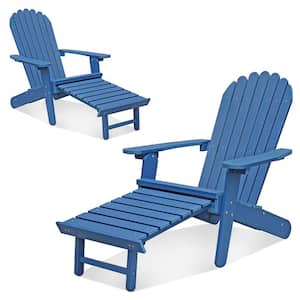 Blue Outdoor Adirondack Chair with Pullout Footrest for Patio Pool Deck Lawn and Garden
