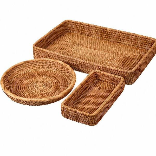 Natural Brown Imitation Rattan Serving Tray and Basket Set for Coffee Table, Breakfast, Snack, Drink (3-Piece Set)