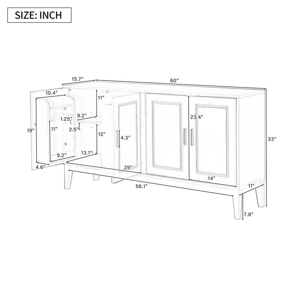 Black Rubberwood and MDF 60" Modern Sideboard with Adjustable Shelves