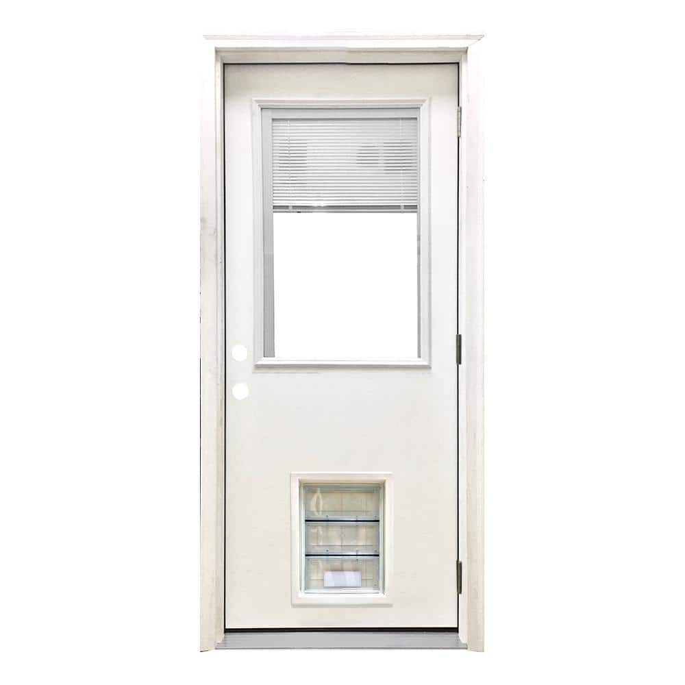 Steves & Sons 32 in. x 80 in. Reliant Series Clear Mini-Blind LHOS White Primed Fiberglass Prehung Back Door with Large Pet Door