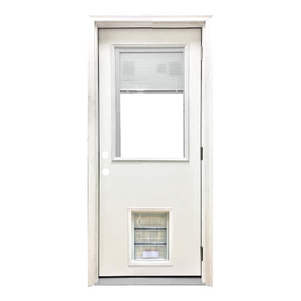 Steves & Sons 32 in. x 80 in. Reliant Series Clear Mini-Blind LHOS White Primed Fiberglass Prehung Back Door with Large Pet Door