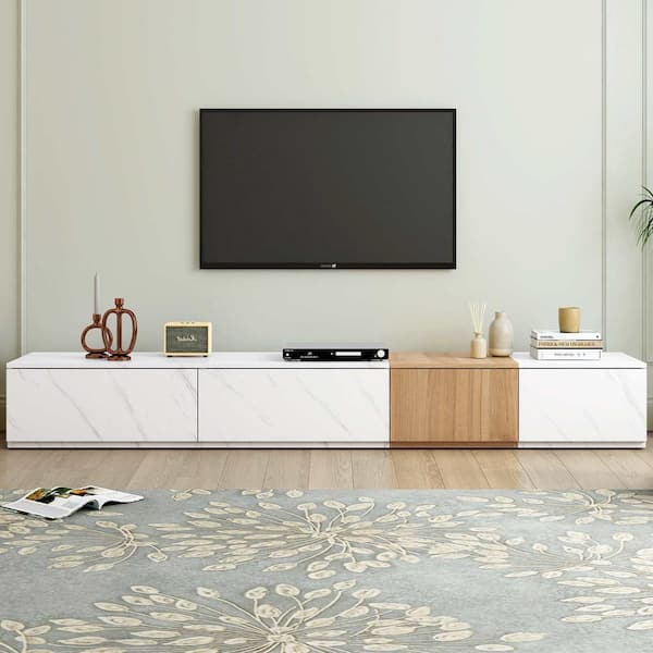 Polibi Modern White TV Stand Fits TV's Up to 88 in. with Faux Marble and Walnut Wood Grain Finish, 4 Storage Drawers