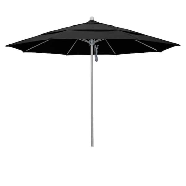 California Umbrella 11 ft. Gray Woodgrain Aluminum Commercial Market Patio Umbrella Fiberglass Ribs and Pulley Lift in Black Olefin