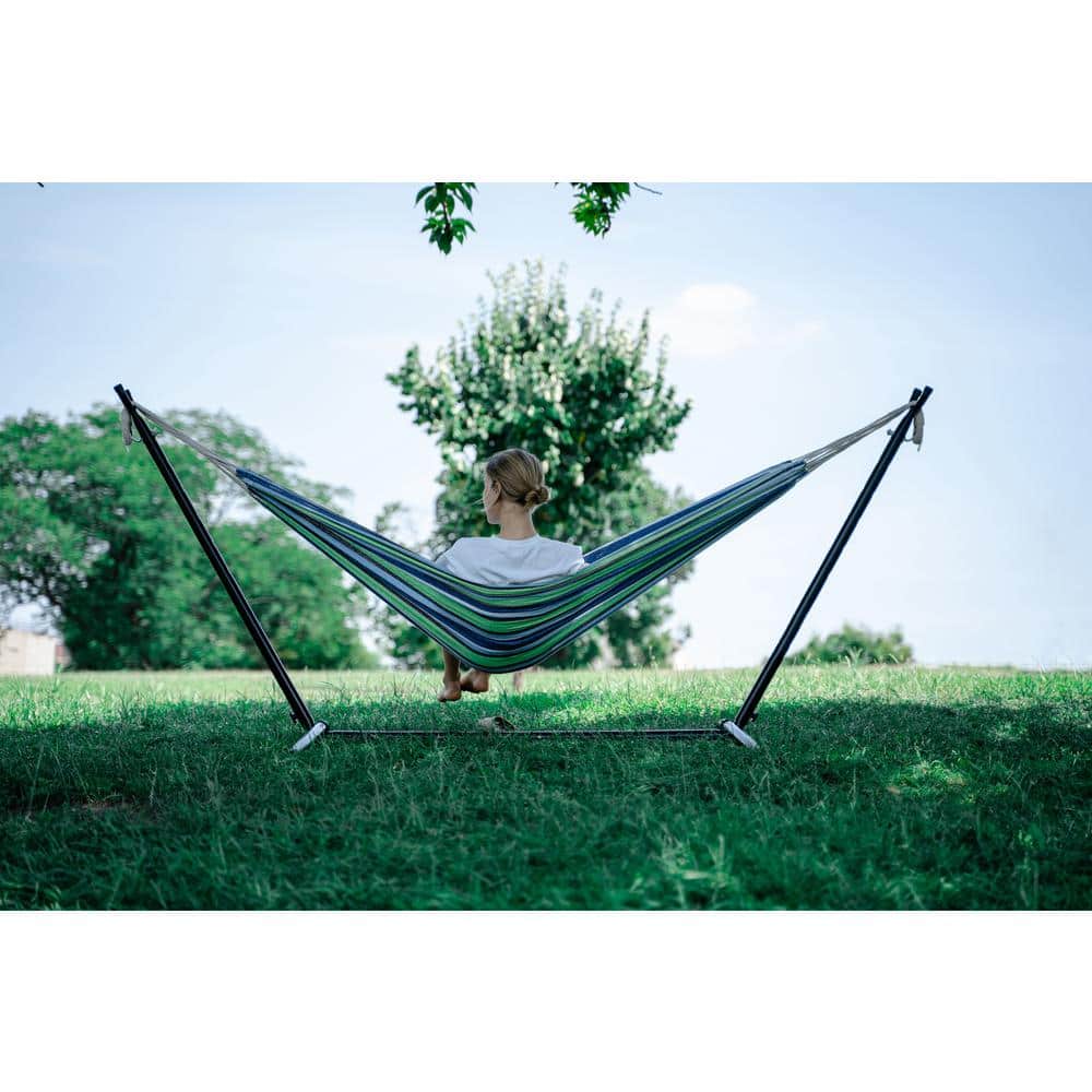 9 ft Blue and Green Cotton Double Hammock with Stand