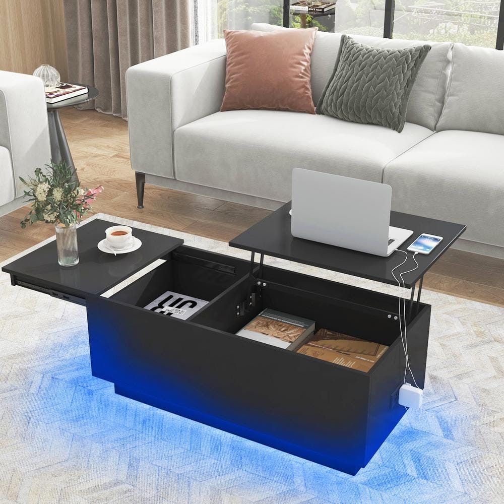 Hommpa 39.37 in. Black Rectangle MDF LED Lift Top Coffee Table with ...