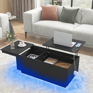 39.37 in. Black Rectangle MDF LED Lift Top Coffee Table with Hidden Compartment with Charging Sockets and USB Ports