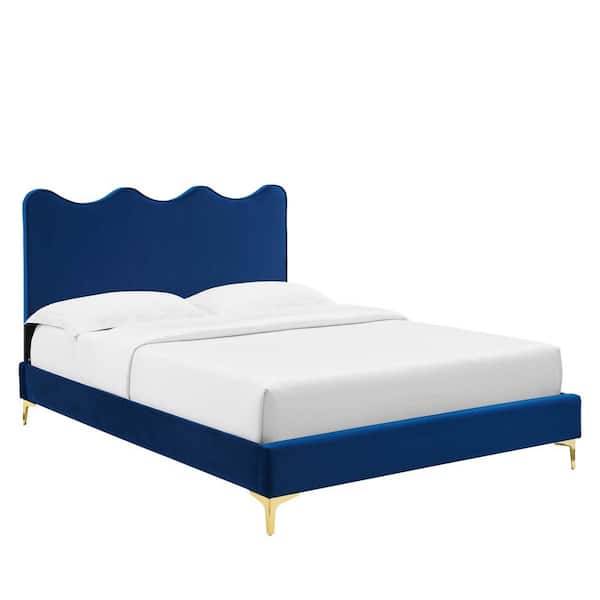MODWAY Current Performance Velvet Queen Platform Bed in Navy with Gold Legs