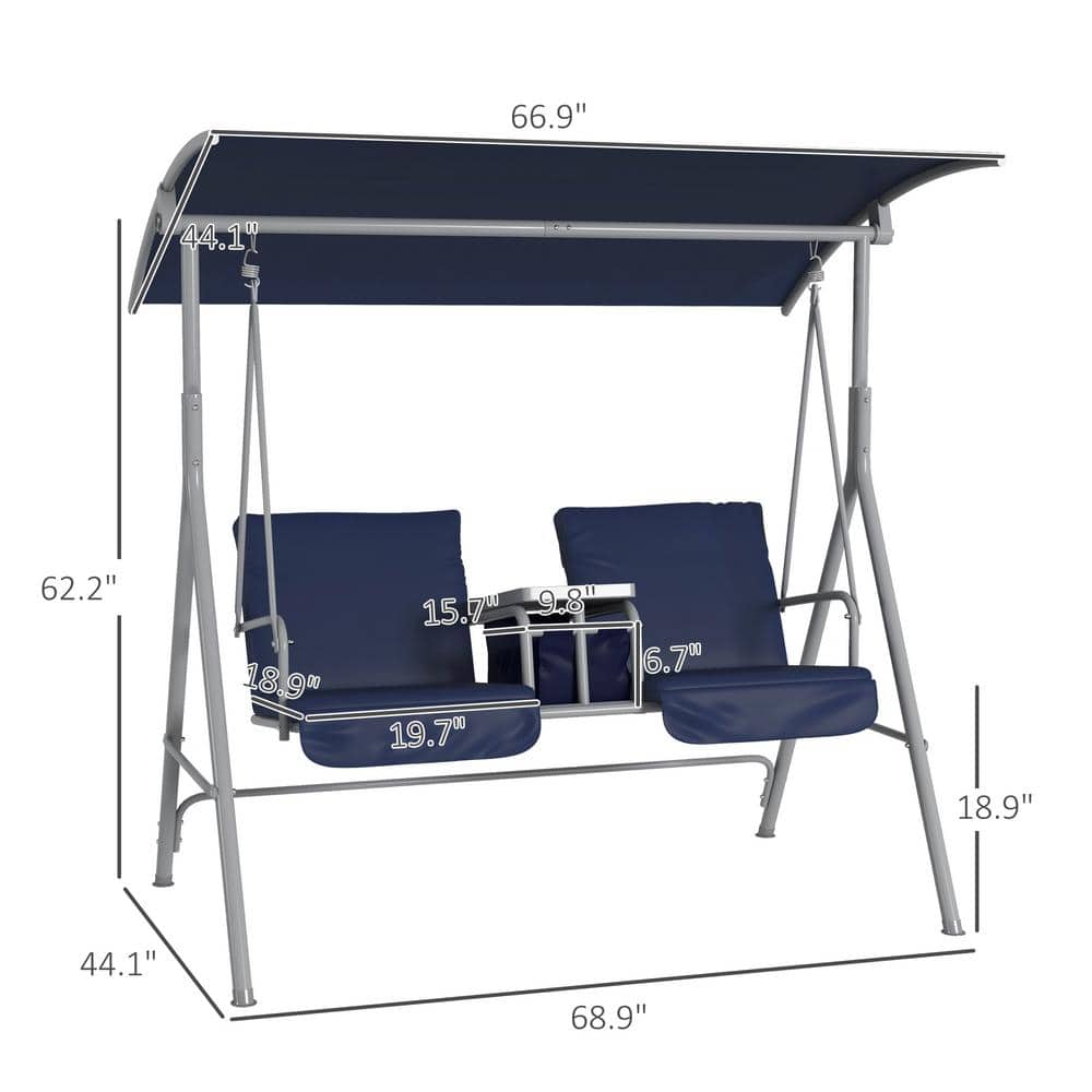 Dark Blue Metal 2-Person Porch Swing with Canopy and Cushions