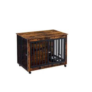 Anky Furniture Style Dog Crate Side Table With Feeding Bowl, Wheels, Three Doors, Flip-Up Top Opening in Rustic Brown