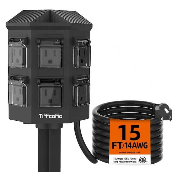 15 ft. Outdoor Power Strip Weatherproof w/ Stake, 6 Grounded Outlets,15A/3 Conductors,Heavy-Duty Extension Cord,14-Gauge