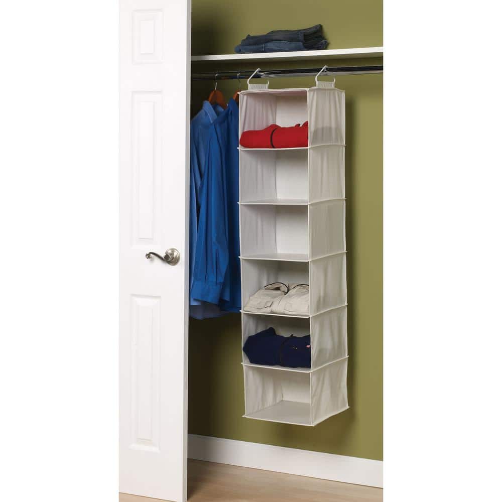 Compact Beige Cotton-Blend 6-Shelf Hanging Closet Organizer with Drawer
