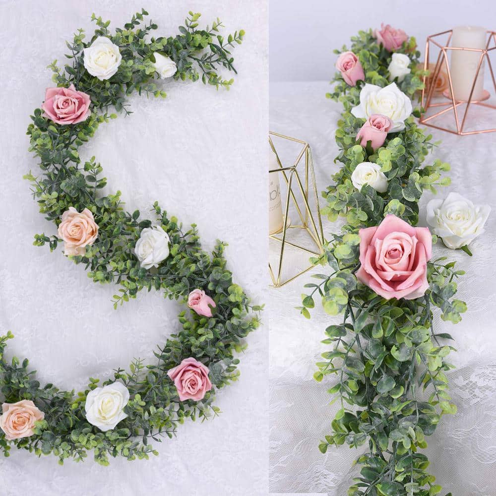 6-Pack Green Artificial Eucalyptus Garland with Lights for Outdoor Decor