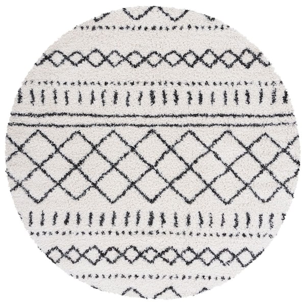 Arizona Shag Ivory/Black 8 ft. x 8 ft. Geometric Lodge Round Area Rug
