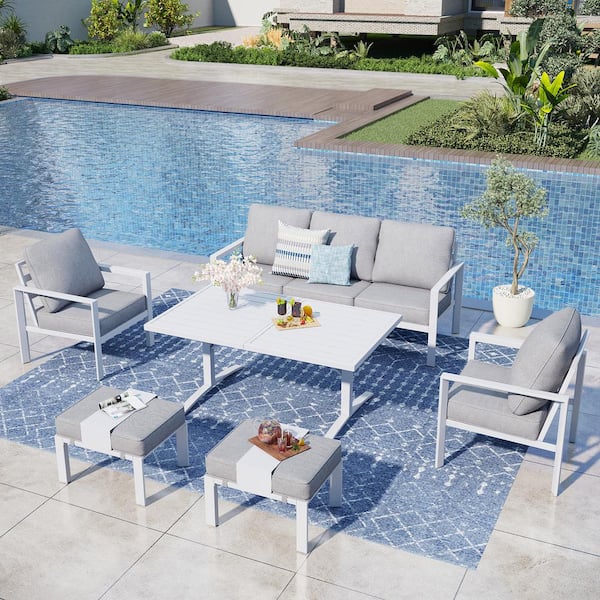 PHI VILLA White 6-Piece Aluminum Outdoor Patio Conversation Sectional Seating Set with Table, Ottoman, and Light Gray Cushions