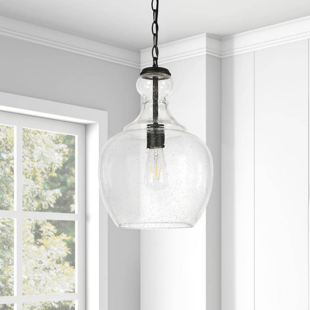 Westford Coastal Industrial 11" Brass & Seeded Glass Pendant