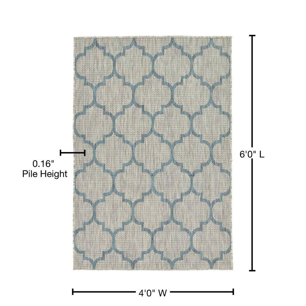 Gray and Blue Synthetic Outdoor Trellis Rug, 4' x 6'