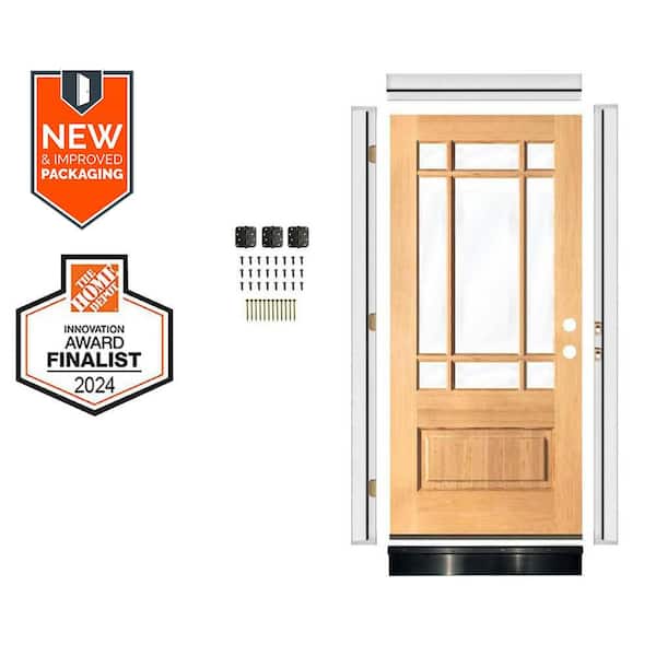 DIY 36 in. x 80 in.Prairie Hemlock LeftHand 9-Lite Clear Glass Clear Stain Wood Front Door Kit w/ Quick Assemble Jamb