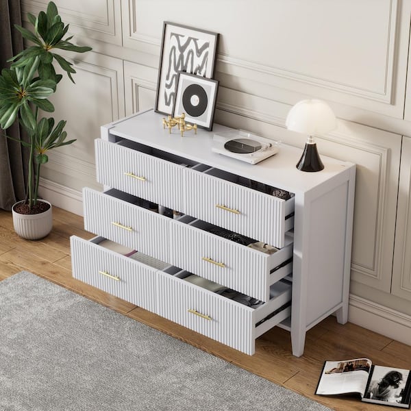 Harper & Bright Designs White 6-Drawer 48 in. Wide Dresser with Metal Handles, Storage Cabinet with Vertical Stripe Finish Drawer
