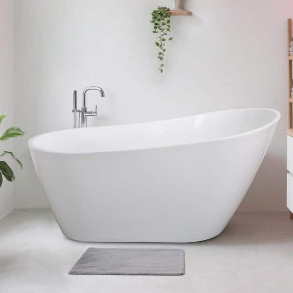66.87 in. x 31.45 in. Acrylic Freestanding Tub Flatbottom Soaking Bathtub with Drain and Overflow in Gloss White