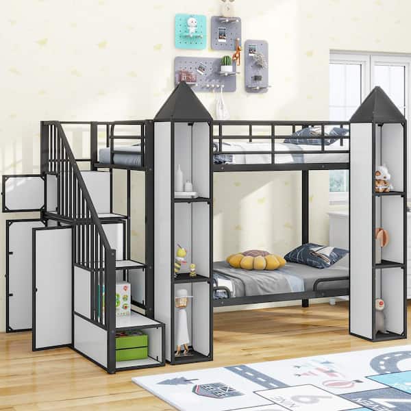 Polibi Metal Twin over Twin Bunk Bed with Wardrobe and Multiple Storage, Black/White