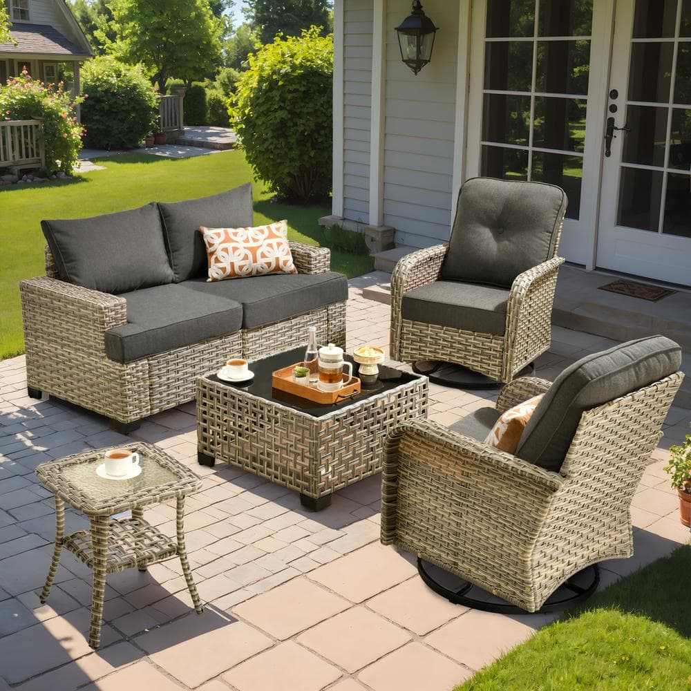 Kelleys 6-Piece Wicker Modern Outdoor Patio Conversation Seating Set with Swivel Chairs and Black Cushions price history on PriceWatchPro