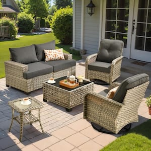 Kelleys 6-Piece Wicker Modern Outdoor Patio Conversation Seating Set with Swivel Chairs and Black Cushions