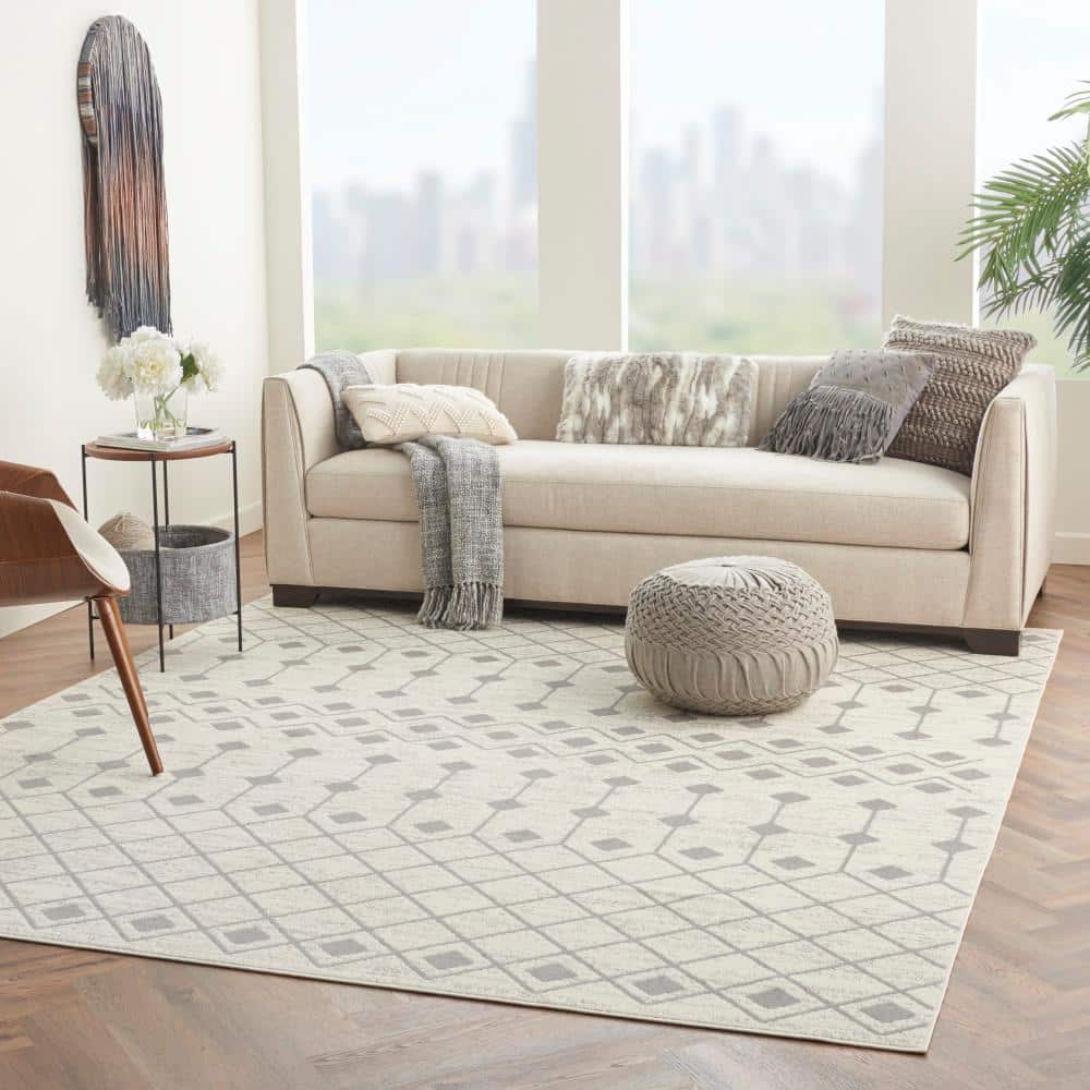 Ivory and Grey Geometric Hand-Knotted 7'10" x 9'10" Synthetic Area Rug