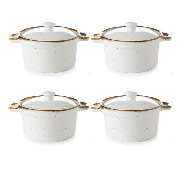 4-Piece Creamy White Speckled Ceramic Ramekin Set with Lids, Oven Safe, Dual Handles, Mini Casserole Dish