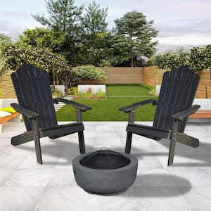 Lanier Black 3-Piece Recycled Plastic Patio Conversation Adirondack Chair Set with a Grey Wood-Burning Firepit