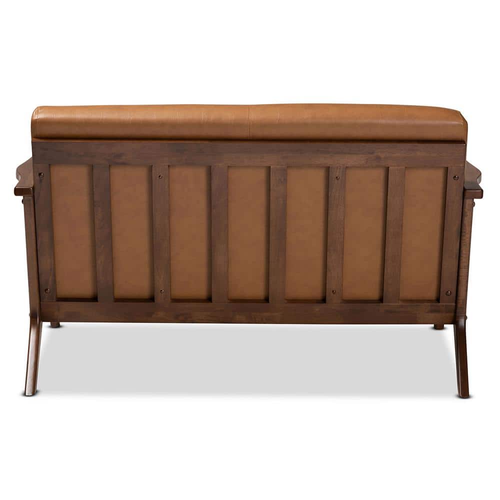 Mid-Century Modern Tan Faux Leather and Walnut Wood Loveseat