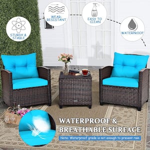 Mix Brown 3-Piece Wicker Steel Patio Conversation Set Sofa Coffee Table with Turquoise Cushions