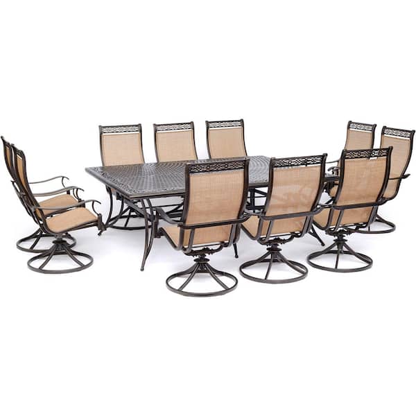 Hanover Manor 11-Piece Sling Outdoor Dining Set with 10 Swivel Rockers and Cast-Top Table