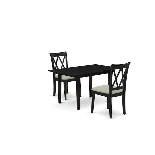 East West Furniture 3-Piece Black Finish Rectangular Solid Wood Top with Butterfly Leaf Dining Table Set