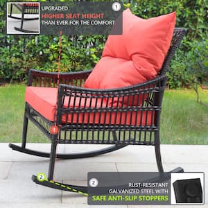Dark Brown 3-Piece Patio Wicker Outdoor Rocking Chair Set with Orange Cushions and Pillows