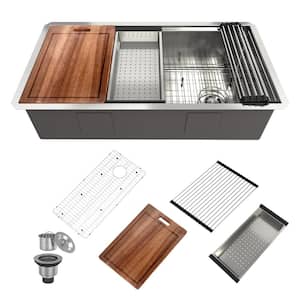 36 in. Undermount Single Bowl 18 Gauge Brushed Stainless Steel Workstation Kitchen Sink with Sliding-Accessories
