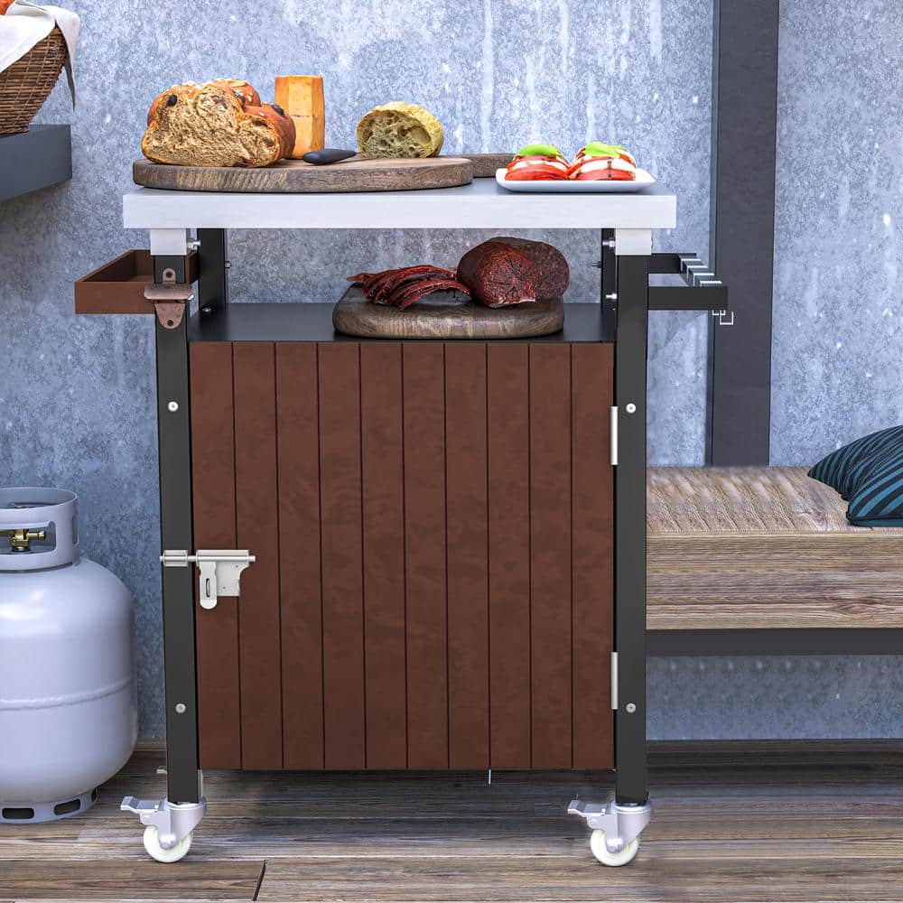 Metal Outdoor Grill Table Brown Grill Carts Outdoor Storage Cabinet with Wh