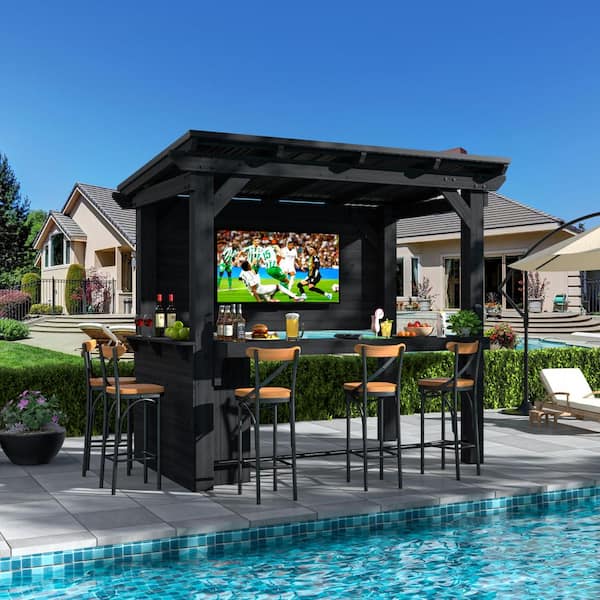 8.5 ft. x 6 ft. Cedar Outdoor Gazebo Pergola Bar with Double-Sides Metal Sloped Roof and Ample Storage Cabinet, Black