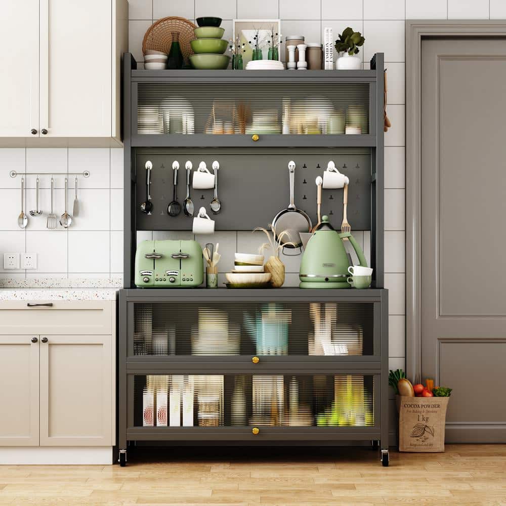Gray Metal Kitchen Cart with Wheel, 4-Tier Metal Bakers Rack Kitchen Pantr