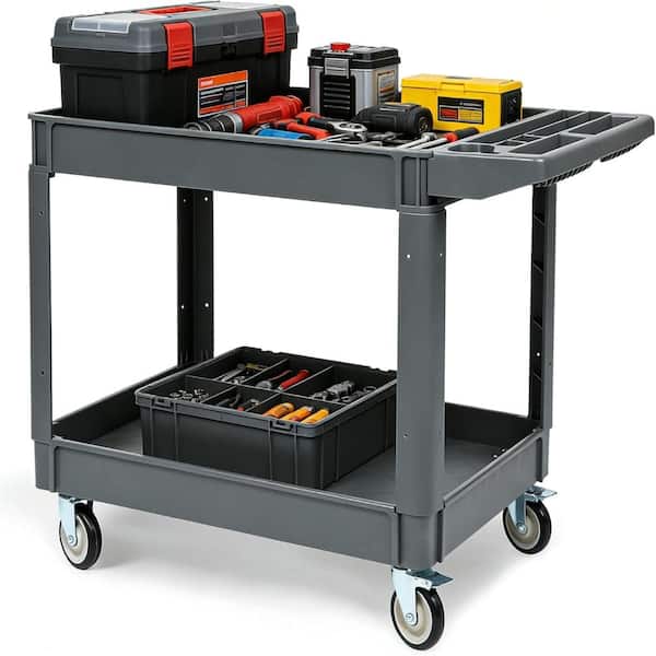 46x25x33.5 Inch 2 Shelf Utility Service Cart, 550LBS Heavy Duty PP Rolling Cart with 360° Swivel Brake Wheels