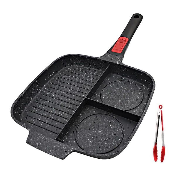 10.5 in. Aluminum Alloy Nonstick Sectional Grill Pan for Stovetops, Medical Stone Coating, Black