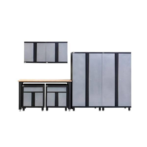 DuraCabinet All Steel 136 in. W x 89 in. H x 20 in. D Garage Storage Cabinets & Work Table in Gray/Black (7-Piece)
