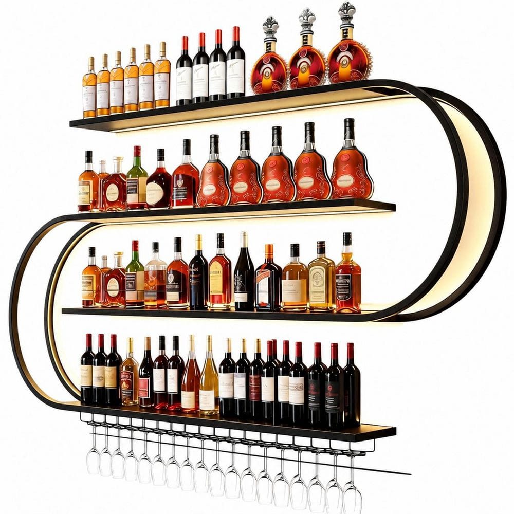 20-Bottle Matte Black Wall Mounted Iron Wine Rack with LED Light and Glass Hooks