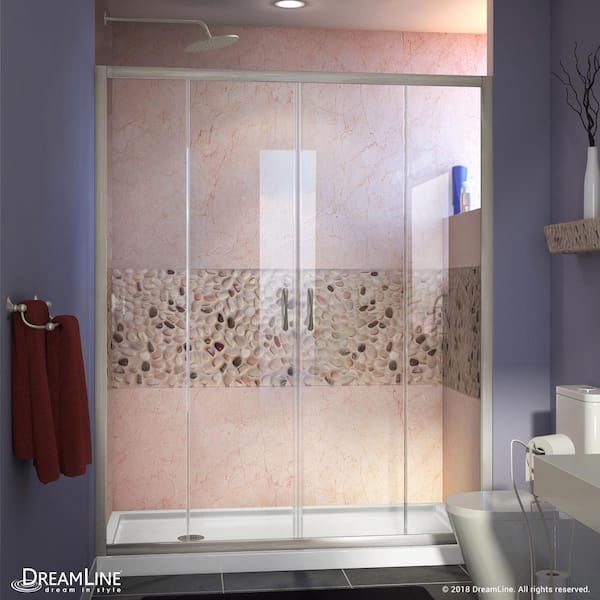 DreamLine Visions 60 in. W x 36 in. D x 74-3/4 in. H Semi-Frameless Shower Door in Brushed Nickel with White Base Left Drain