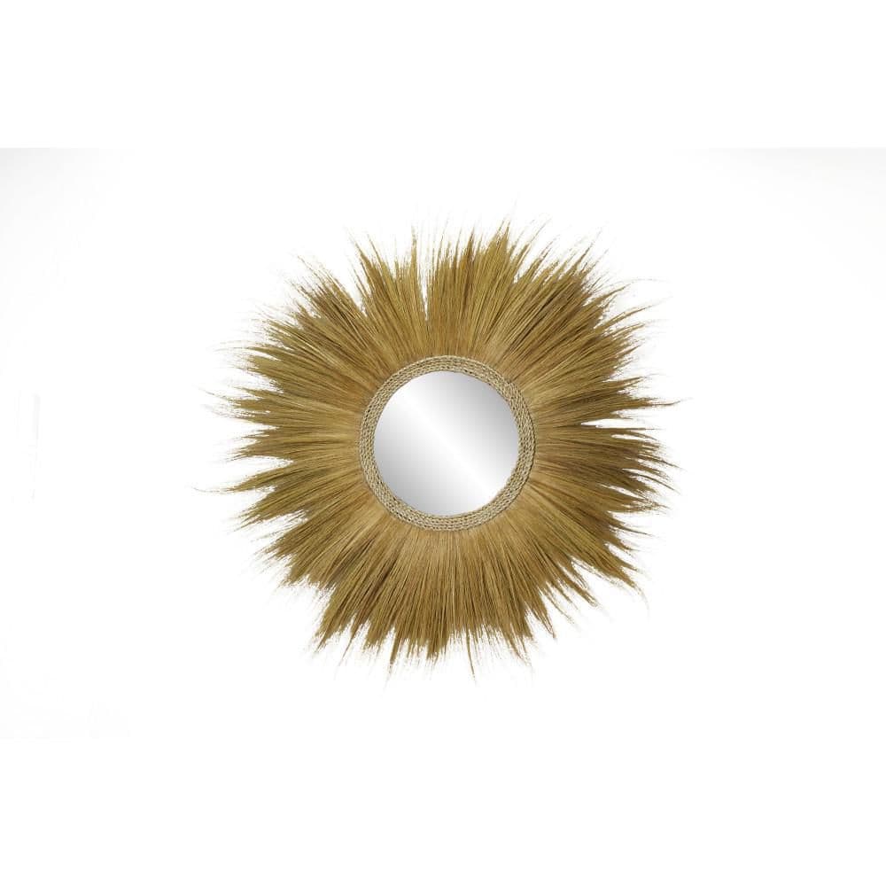Golden Sunburst Round Decorative Wall Mirror with Grass Trim