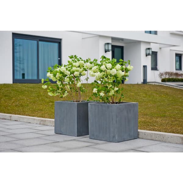 Block Medium 16 in. Tall Grey Fiberstone Indoor Outdoor Modern Square Planter