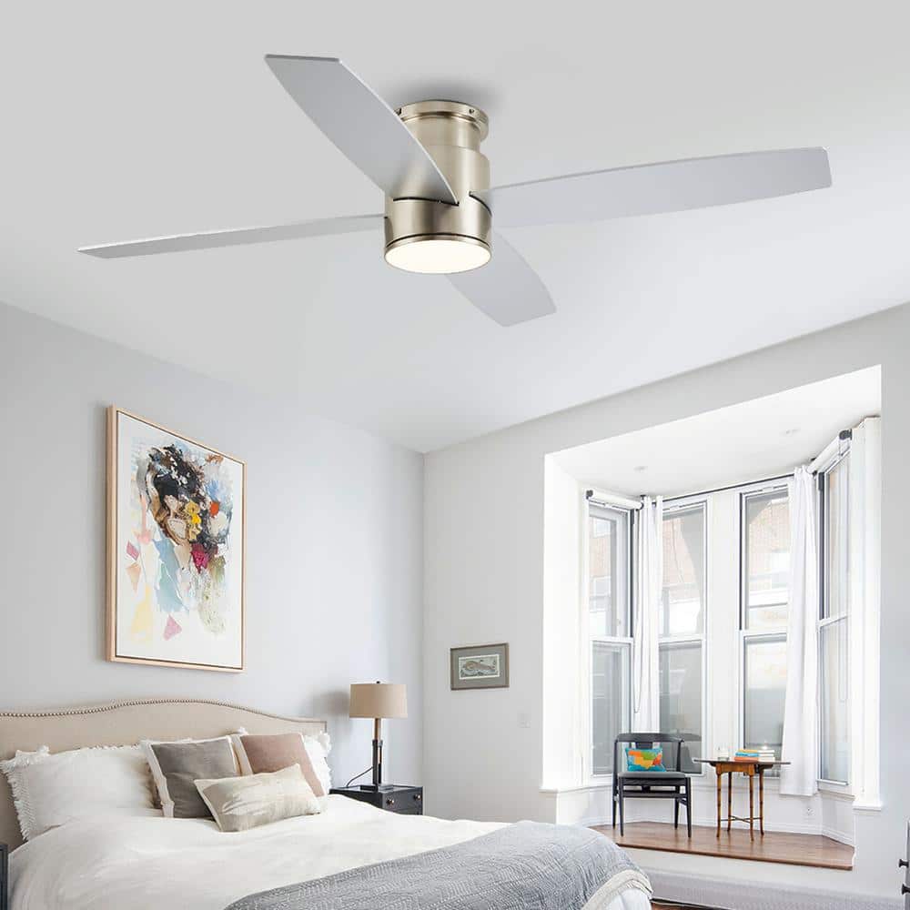 Silver and White 52'' Flush Mount Ceiling Fan with LED Light