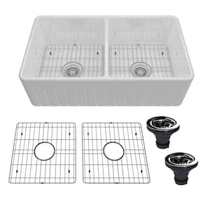 33 in. Farmhouse/Apron-Front Double Bowl White Fine Fireclay Kitchen Sink with Bottom Grid and Strainer Basket